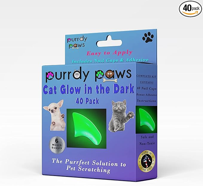 6 Month Supply Soft Nail Caps for Cats Green Glow in The Dark Kitten - Extra Adhesives