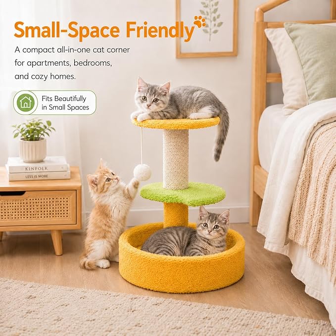 3-Level Small Cat Scratching Post with Cat Bed, 17.71" Cat Tree for Kittens, Sisal Scratcher with Hanging Ball, 15.74" Stable Base, Easy to Assemble for Indoor Cats Play, Furniture Protection