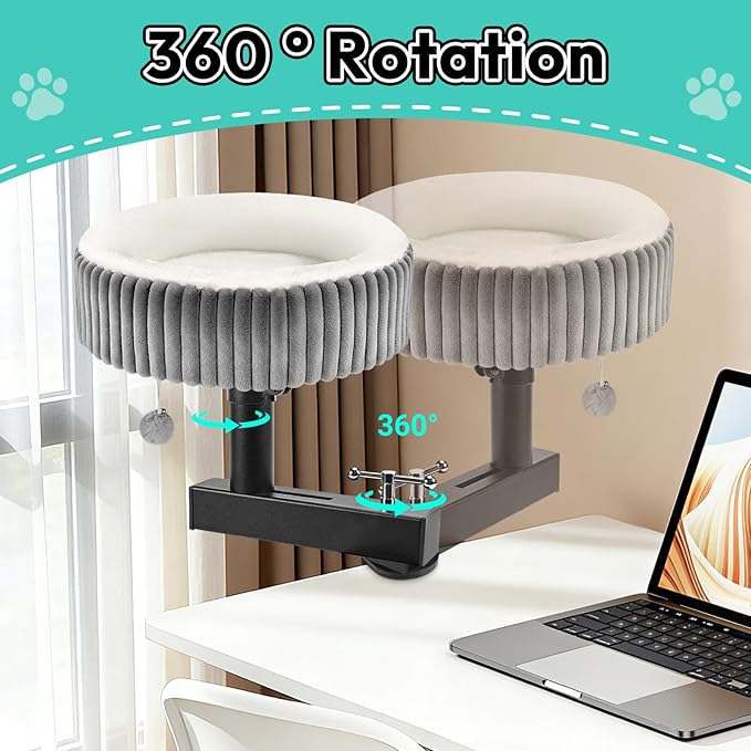 TNELTUEB Cat Desk Bed - 360° Rotating,Clamp On Cat Bed for Desks, Adjustable High Support Up to80 lbs for Office, Game Table, Island Tables, Desktop Attachment Hammock Grey