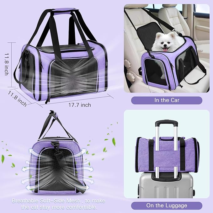 Soft-Sided Cat Carrier with Litter Box for Traveling & Camping, Pet Bag Fit 20lbs Pets,17.7' * 11.8 * 11.8 inches Cat Travel Carrier, Purple