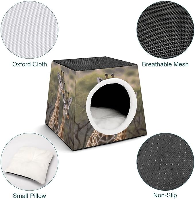 Cat Cave Cat Beds for Indoor Cats Two Giraffes Foldable Cat Hideaway with Washable Cushion and Non-Slip Base