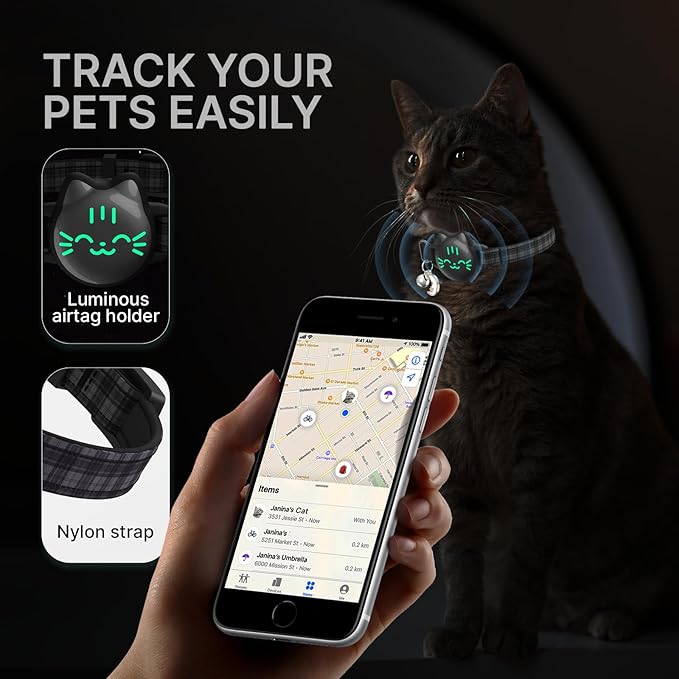 Waterproof Airtag 2nd & 1st Cat Collar, Breakaway Cat Airtag Collar with Luminous & Reflective Fish Pattern, Lightweight Kitten Collars for Apple Air tag, Hidden GPS Tracker Holder for Cats, Kittens
