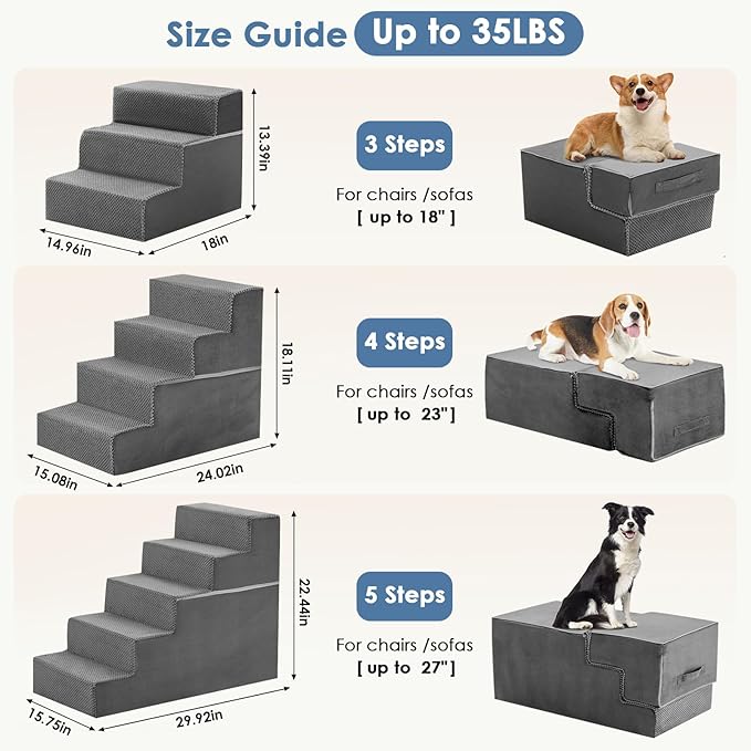 DUMOS Dog Stairs for Small and Medium Dogs, 4-Step Pet Steps with High-Density Foam, Indoor Non-Slip Pet Ramp for Puppy and Older Dogs Cats, Dog Bed Stairs for Couch and Sofa, Grey