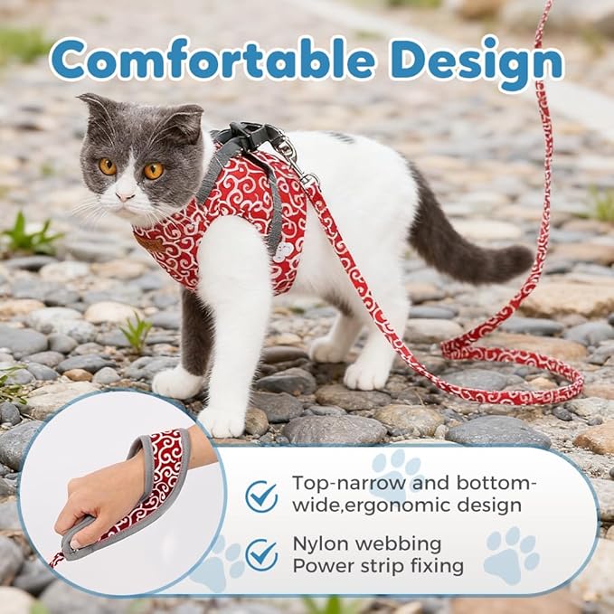 Cat Dogs Vest Harness and Leash Escape Proof, Soft Breathable Mesh and Comfortable Cat Harness and Leash Set, Anti Break Away Chest Strap Kitty Clothes for Travel Walking (Red, XL)