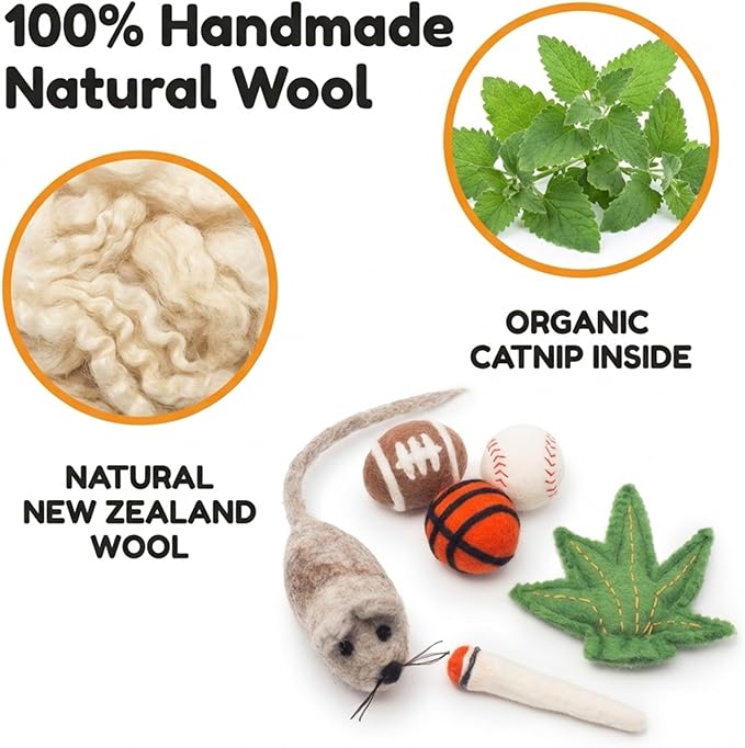 Glaciart One Felt Cat Toys Set (6pc) – Handmade Wool Catnip Toys for Indoor Cats | Eco-Friendly Natural Wool Balls, Mouse & Joint Toys | Durable Cat Enrichment Toys for Exercise & Play