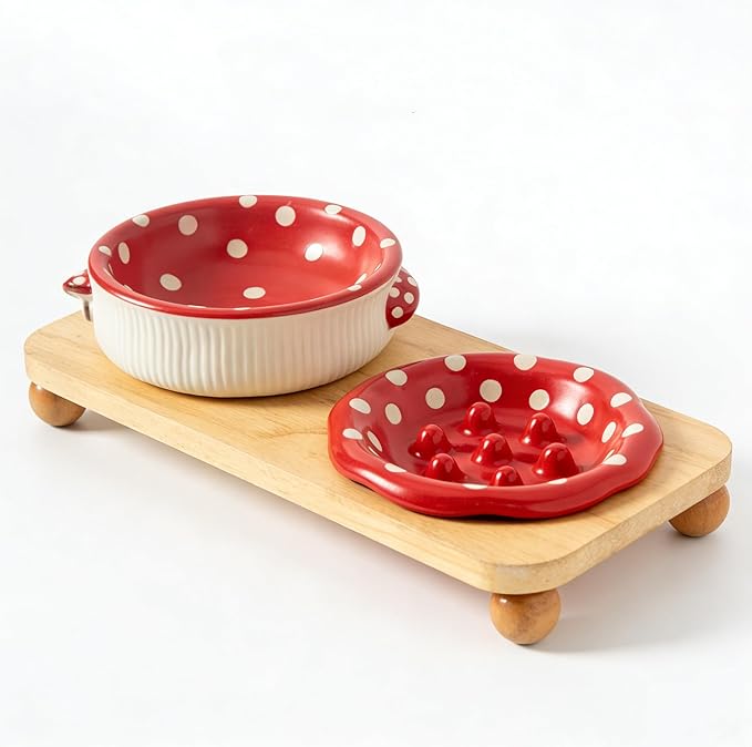 Ceramic Elevated Dog Cat Food Bowl Set with Wooden Stand, Raised Cat Slow Feeders, no Black Chin, Pet Food and Water Dishes, for Kitten Pubby Small Animal