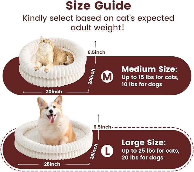 Small Dog Beds, Machine Washable Donut Large Cat Beds for Indoor Cats, Fluffy Round Pet Bed with Anti-Slip Bottom for Puppy and Kitten, White, 28"x28"x5"