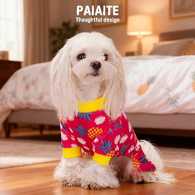 Paiaite 4-Legged Cotton Stretchable Jumpsuit Pjs: Pineapple Pattern Dog Pajamas - Lightweight Cozy Puppy Onesie Clothes, Comfortable Pet Sleepwear Jammies for Hair Shedding Coverage White Edge S