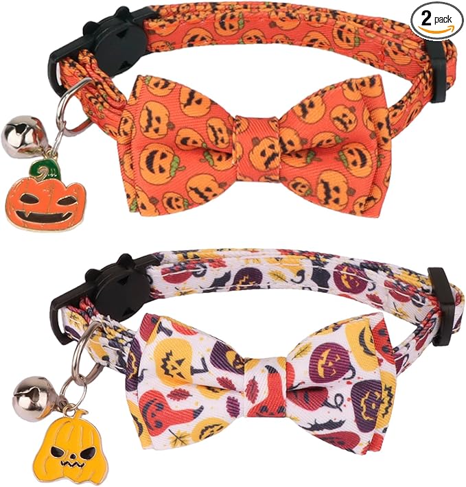 PTDECOR Halloween Cat Collars with Bow Tie Bell, 2 Pack Kitten Collar with Removable Bowtie Halloween Pumpkin Collar for Cats Kittens