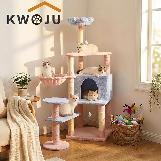 Flower Cat Tree 56 Inches，Large Cat Tower with Detachable Flower Cushions and Hiding Condo, Blue and Pink Cat Tree with Hammock Bed, Interactive Toys and Scratching Posts for Indoor Cats