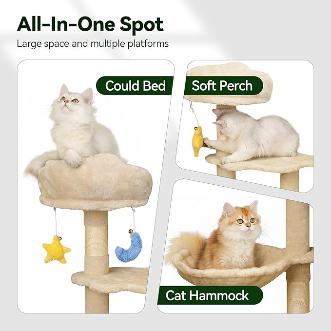 Meecal 43-Inch Cat Tree,Cute Cloud Cat Tree for Kittens & Small Cats Under 6 Months 9lbs, Cat Tower with Scratching Post, Double Condos, Plush Hammock & Dangling Toys, Beige