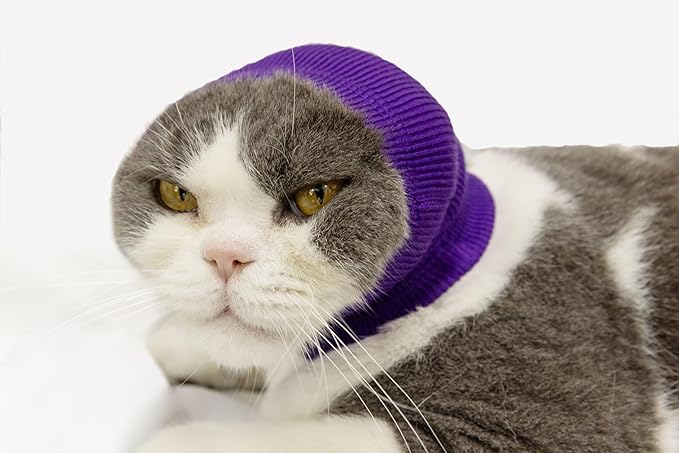 Cat Ear Cover Head Wrap (2 Pack),Calming Ear Wrap Cat Neck Gaiter Snood for Cats Grey+Purple S