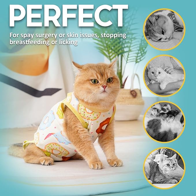 Avont Cat Recovery Suit - Kitten Onesie for Cats After Surgery, Cone of Shame Alternative Surgical Spay Suit for Female Cat, Post-Surgery or Skin Diseases Protection -Donut(M)