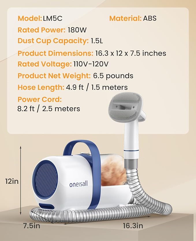 oneisall Cat Grooming Vacuum, Quiet Pet Vacuum Grooming Kit with Brush & Clippers for Hair Shedding Trimming, 6 in 1 Cat Vacuum Groomer for Pet Hair Grooming, White