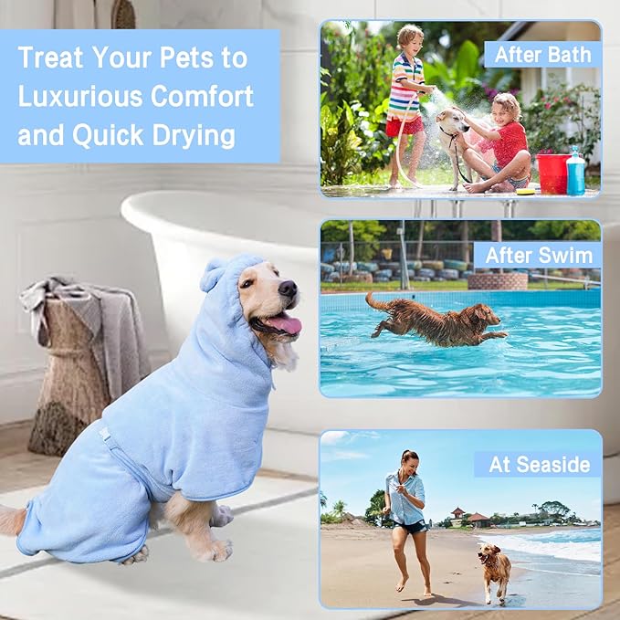 Pet Bathrobe for Dog Cat Absorbently Quick Drying Coat Cute Dogs Bath Towel Hooded Robe Adjustable Collar & Belly Strap for Pool Beach (Blue, X-Large)
