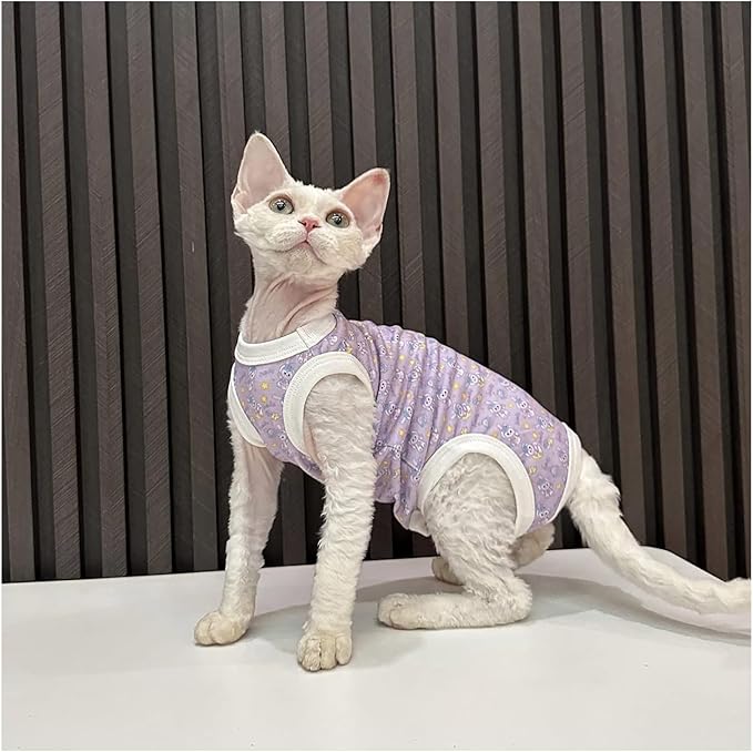 Hairless Cat Clothes, Sphynx Cat Clothes, Sphynx Cat Clothes Summer Cotton T-Shirts Cute Animal Four Leg Jumpsuit Pullover Vest Round Collar Kitten Shirts Sleeveless Cat Apparel(Purple Rabbit,M)