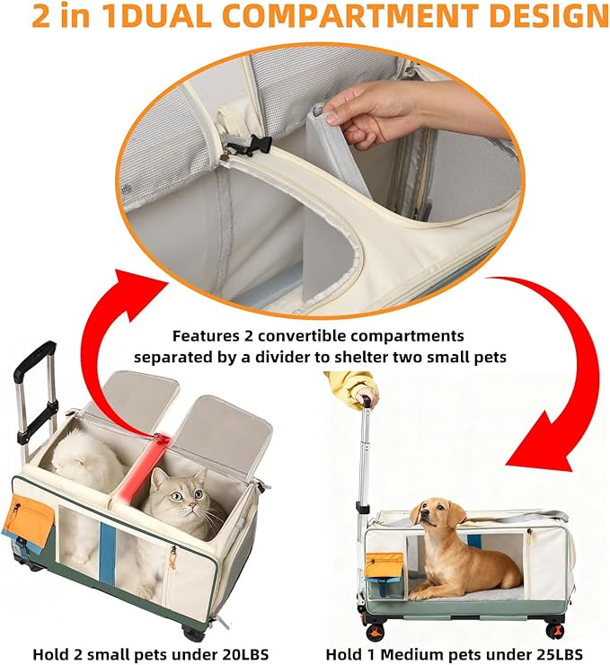 Large Cat Carrier with Wheels for 2 Cat, Double Rolling Pets Carrier on Wheel, Foldable Soft-Sided Carriers with Telescopic Handle, for Small Dogs Travel Bag for Outdoor Hiking Camping