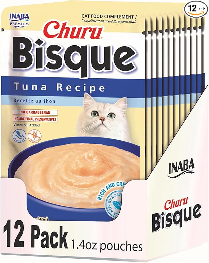 INABA Churu Bisque for Cats, Creamy Lickable Purée Side Dish with Vitamin E, 1.4 Ounces per Pouch, 12 Pouches, Tuna Recipe