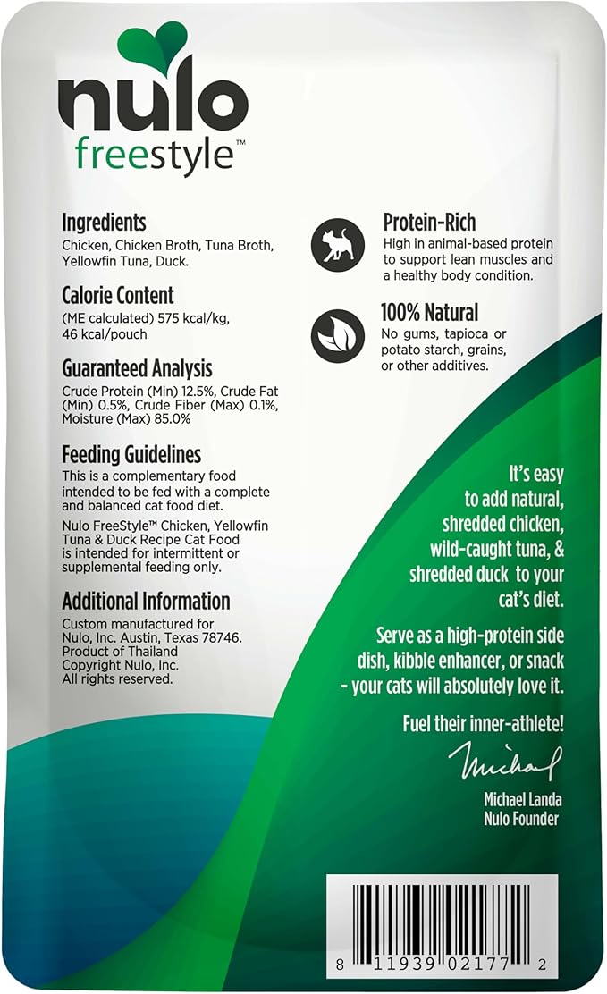 Nulo Freestyle Cat & Kitten Wet Cat Food - Chicken, Tuna & Duck in Broth, Grain-Free, High Protein Soft Food Topper Treat, 2.8oz Pouches (Pack of 24)