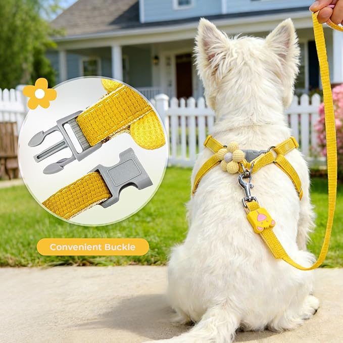 PETCARE Cute Flower Dog Harness and Bowtie Leash Set Easy Walk Puppy Dog Halter Harness for Small Dogs Girl Step in Dogs Harnesses with Buckle (Yellow, Chest Adjustable 13"-20", Rope Width 0.79")