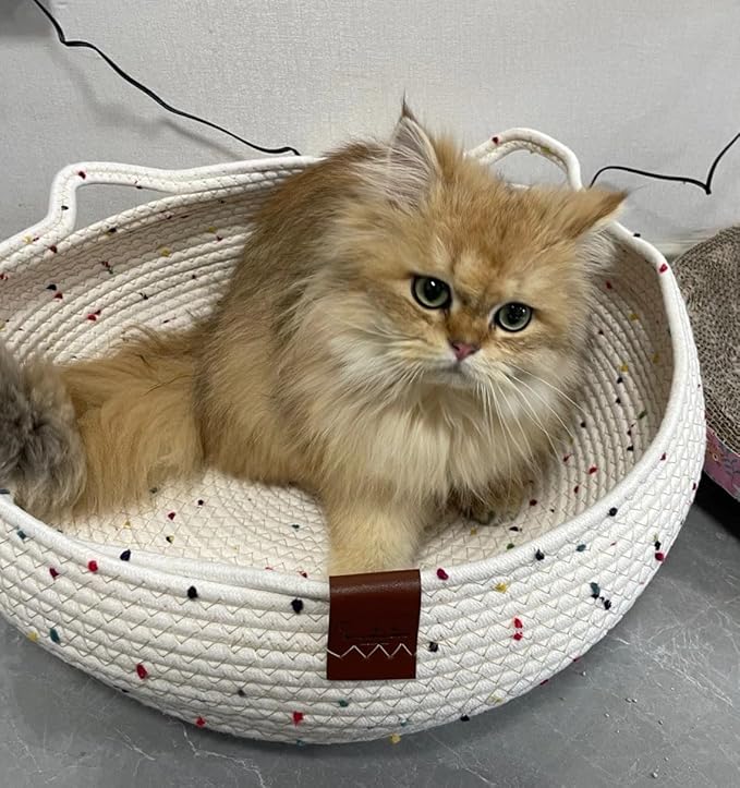 Hand Woven Cat Bed with Toy Tail Natural Cotton Rope Cat Scratch Pad Cozy Cat Scratching Mat with Cat Ball Toy Cat Furniture Protector for Wall, Couch, Carpets, Sofas （White） (White)