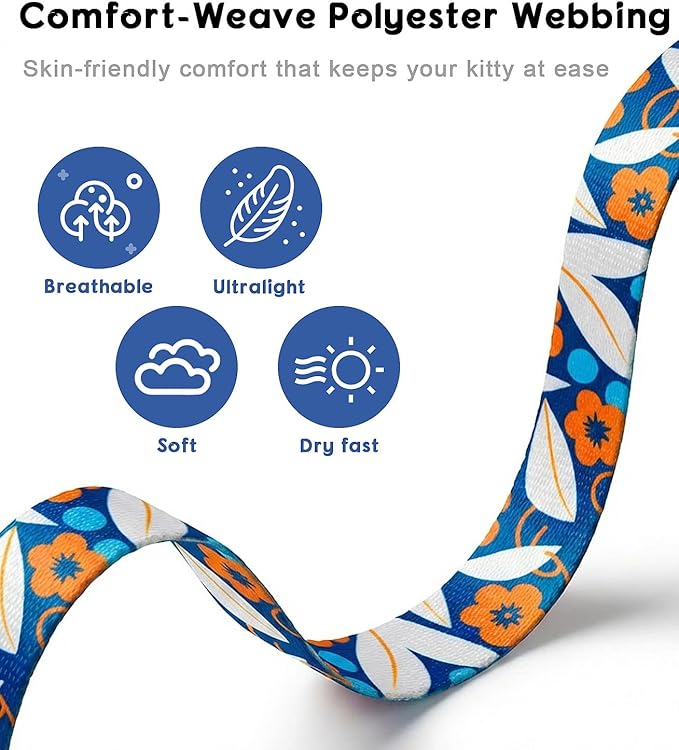 Halypet Cat Harness and Leash Set, Escape Proof 3-in-1 Adjustable Harness for Cats & Kitten, Soft Lightweight, Easy On & Control for Walking, Travel & Outdoor Use, Navy Floral, Medium