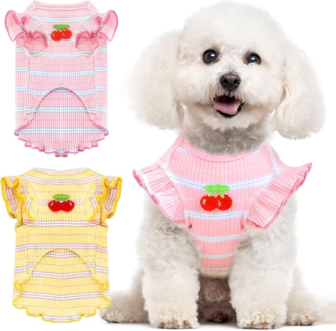 2 Pack Striped Dog T Shirt Cute Cherry Girl Dog Clothes for Small Dogs Cats Breathable Soft Cotton Pet Puppy Sleeveless Vest Spring Summer Pet Outfits（Pink+Yellow,Small）