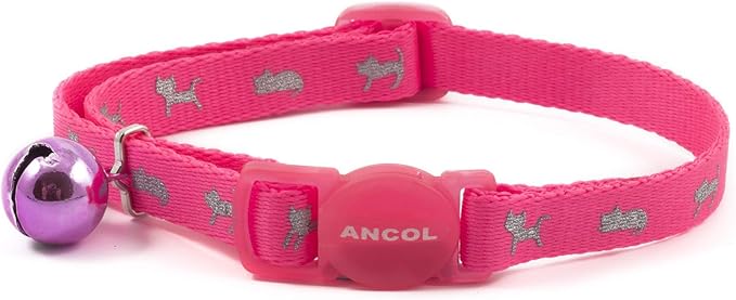 Ancol Hi-Vis Safety Kitten Collar Neon Pink Reflective Adjustable Break Away Buckle Light Bell Low Light Visibility Pet Safety Neckband One Size