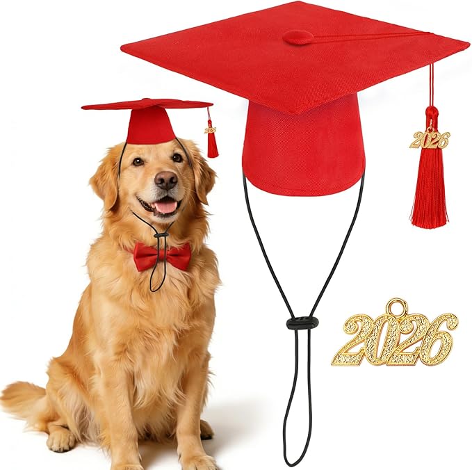 JULMELON Pet Graduation Caps with 2026 Red Tassels, Dog and Cats Graduation Red Hats Adjustable Mini Graduation Caps for AKC Graduation Photo Props Holiday Costume Accessories
