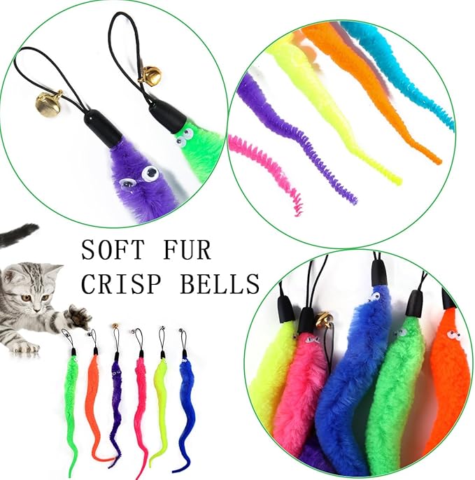 KuuGuu 24 PCS Cat Worm Toy Replacement Teaser with Bell Refills Indoor Cat's Interactive Wand and Catch Wand Soft Squiggly Worm Teaser Refills Attachment Interactive Catch Toy Accessories （6 Color）