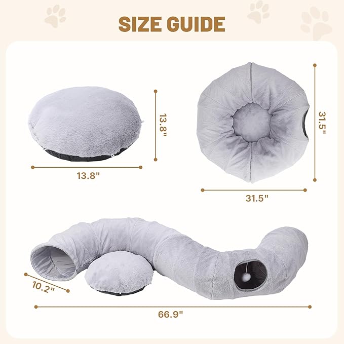 Cat Tunnel Bed for Indoor Cats, 31.5in Round Cat Tunnel for Small Cats, Cat Donut Tunnel with Washable Plush Mat, Collapsible Tunnel Hideplace for Kittens, Squirrels Grey