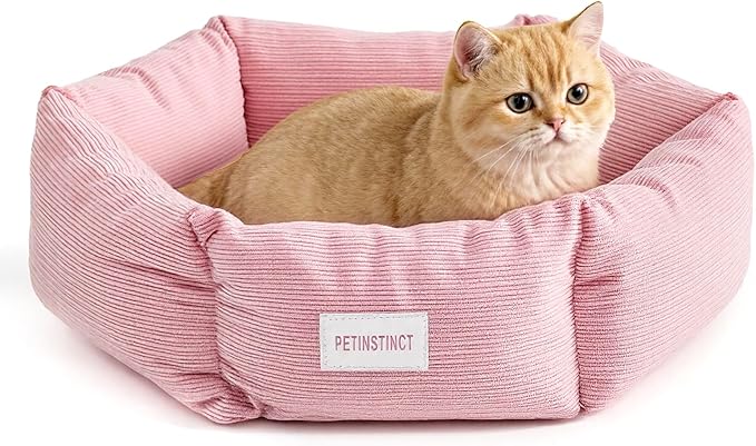 Cat Bed, 22 Inch Washable Corduroy Cat and Small Dog Bed with Removable Cover & Anti-Slip Bottom, Calming Comfort Pet Bed for Pets up to 15 lbs (Pink)