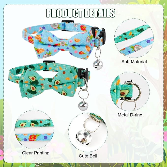 2pcs Summer Cat Collars, Cute Fruit Theme Cat Collar with Bowtie & Bell Adjustable Soft Cat Bow Tie Collar with Dragon Fruit Avocado Pattern for Girls Boys Kitten (Blue, Green)