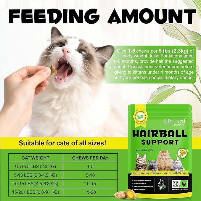 Cat Hairball Support Crunchy & Creamy Chews,Omega 3 & Zinc for Healthy Skin & Coat, Tasty Chicken Flavor,Supports Skin & Coat, Digestion,30-Day Supply
