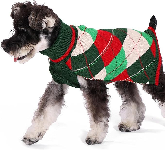 KOOLTAIL Dog Christmas Sweater Pet Knitted Clothes - Classic Plaid Pull Over Turtleneck Dog Sweaters with Leash Hole Warm Dogs Winter Clothing for Small Medium Dogs Cats Puppy Boy Girl Red & Green ML