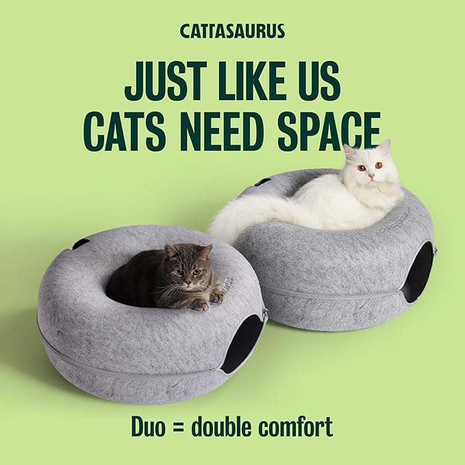 Cattasaurus Peekaboo Cat Cave Donut for Multiple & Large Cats up to 30-45 lbs, 3-in-1 Self Warming Cat Bed, Tunnel & Scratcher for Indoor Cats, Washable & Detachable (Light Gray + Light Gray, Large)
