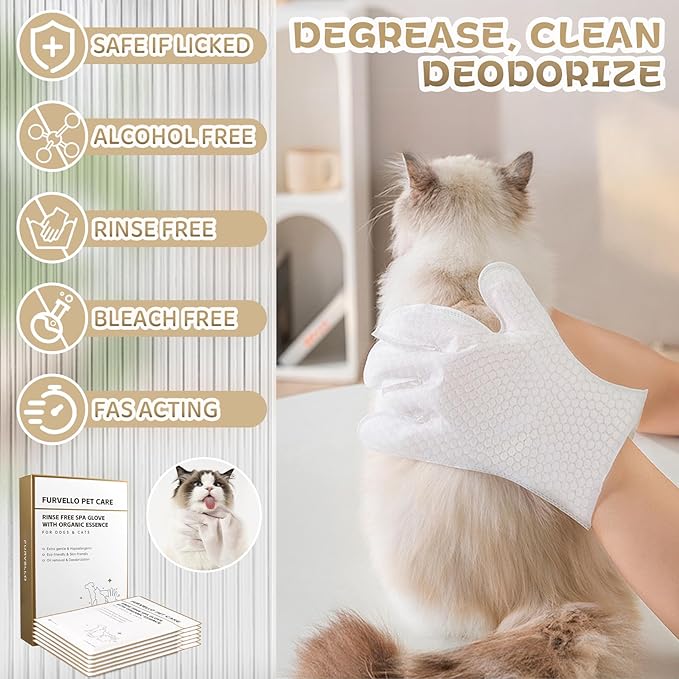 4 in 1 Pet Glove Wipes for Dogs & Cats, 7 Plant Extracts, Hypoallergenic Pet Cleaning Wipes, Dog Washing Gloves Extra Thick, Lick-Safe, Rinse Free for Grooming and Travel, 6PCS