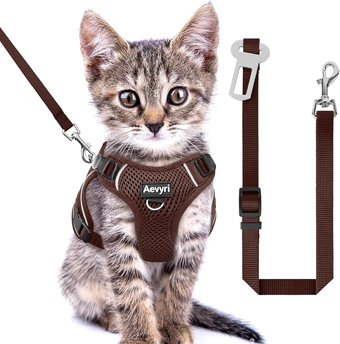 Cat Harness and Leash Set - Escape Proof Adjustable Cat Harness, Comfortable Soft Lightweight, Use Safe & Easy, Walking Travel Kitten Harness for Small Medium Large Cats, Brown, XS