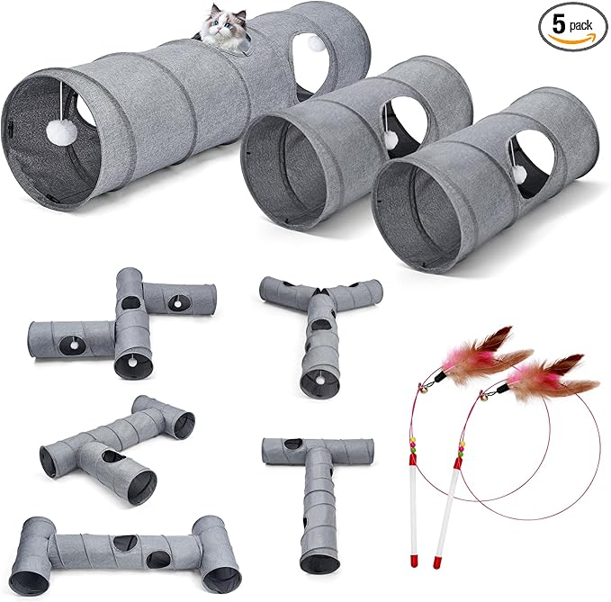 Cat Tunnel, 3 Straight Shaped Tunnels 6 DIY Shapes with Wand Toys, No Noise Scratch Resistant Cool Linen Fabric, Interactive Pet Tunnel Tube for Indoor Cats, Puppy and Rabbits
