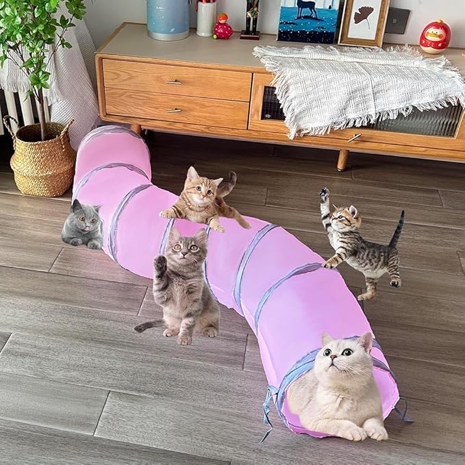 Cat Tunnel Tube Toy Collapsible 2 Way Pink, Pet Tunnels for Indoor Cats, Long Tubes for Kitten, Puppy, Rabbit, Interactive Toys for Fun Playtime & Exercise