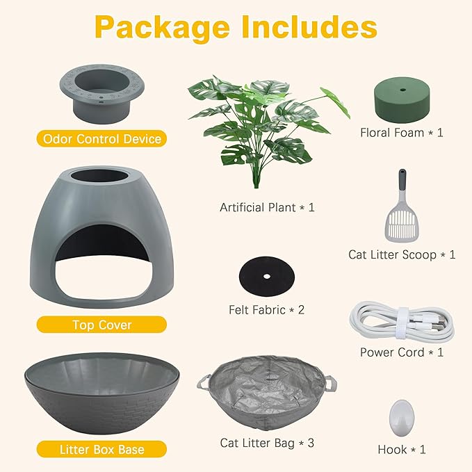 Egglao6 Plant Litter Box Furniture with 3PCS Cat Litter Box Liners Secret Kitty Enclosure with Odor Removal System, Decorative Top and Cat Litter Scoop, Quick Assembly, Extra Large (Grey)