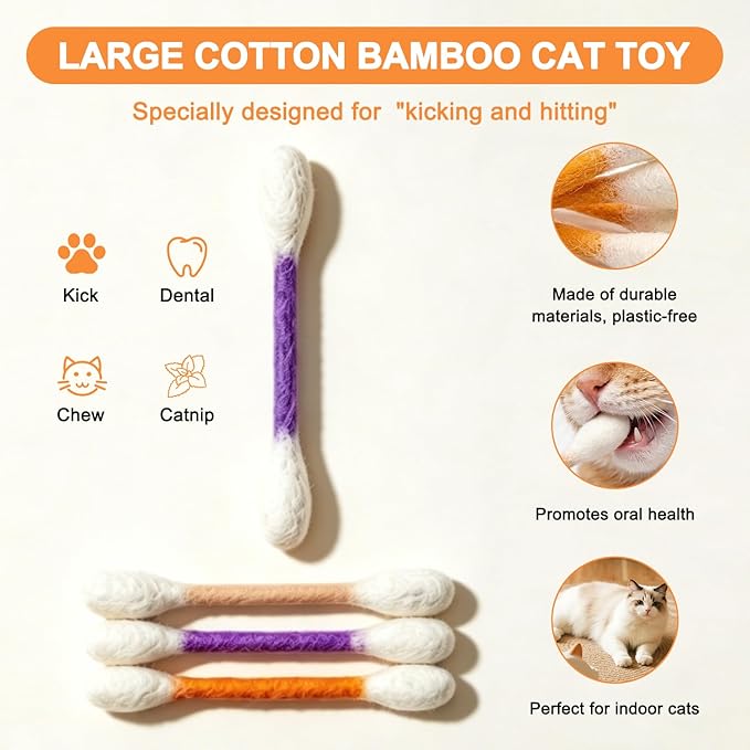 6Pack Cotton Swabs Cat Toys with Catnip,Cat Cotton Swab Toy,Giant Kitten Chew Sticks,Qtip Cat Toy,Durable Dental Teething Ropes, Big Interactive Felt Kitty Kicker Play Lover Gift Accessories (Orange)