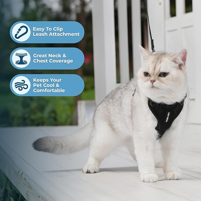 Voyager Escape-Proof Step-in Lock Cat Harness & 5ft Neoprene-Handle Leash Set All-Weather Mesh with Reflective Stitching for Small to Large Cats by Best Pet Supplies, Black, XXXS
