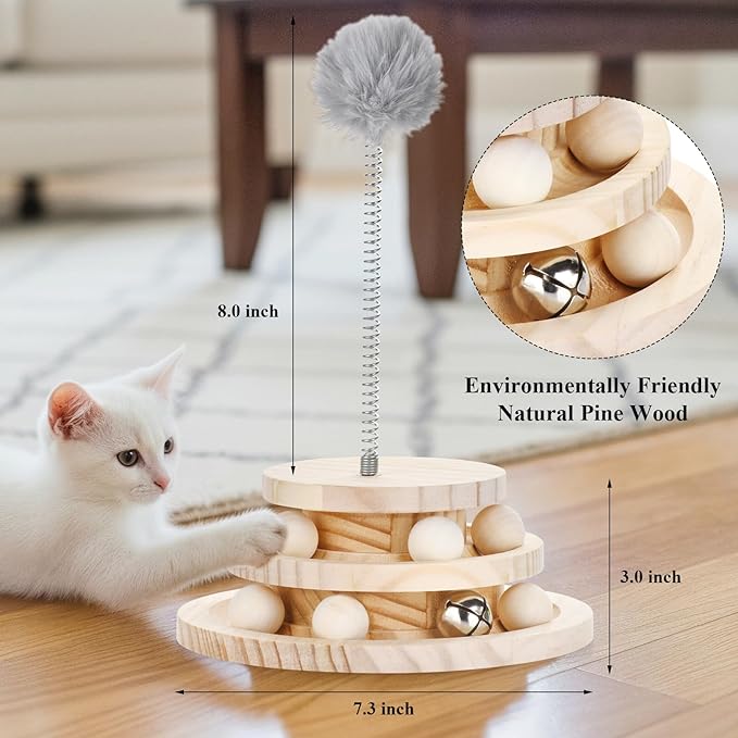 Cat Toy Track Ball with Bell Teaser Wand - Double-Layer Tower Roller, Interactive Wooden Cat Toy for Mental & Physical Exercise, Double Fun for Kittens & Cats