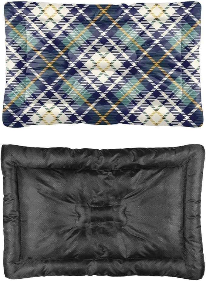 Yellow Green Blue Plaid Dog Pet Bed Mat Non Slip Bottom Dog Crate Bed Waterproof Cozy Soft Travel Cat Pet Accessories Printed Cat Gift Thick 24× 18 Inch Indoor Outdoor