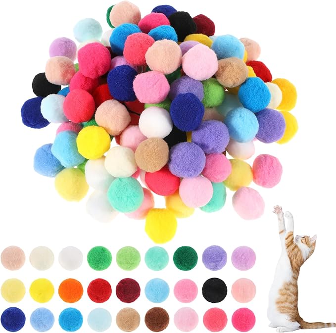Xthrotsenk 100 Pcs Cat Toy Balls 1-inch Colorful Cat Pom Pom Balls Soft Interactive Kitten Ball Cats Exercise Toys Fuzzy Kitten Interactive Playing Quiet Toy for Cats Pet(2.5 cm)