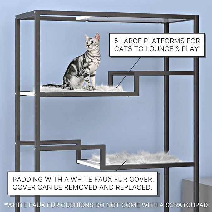 The Refined Feline 62 Inch Tall Metropolitan Cat Condo, Black Metal Frame Cat Tower, Multi-Level Modern Cat Tree for Indoor Cats, White Platforms with Faux Fur Replaceable Cushions