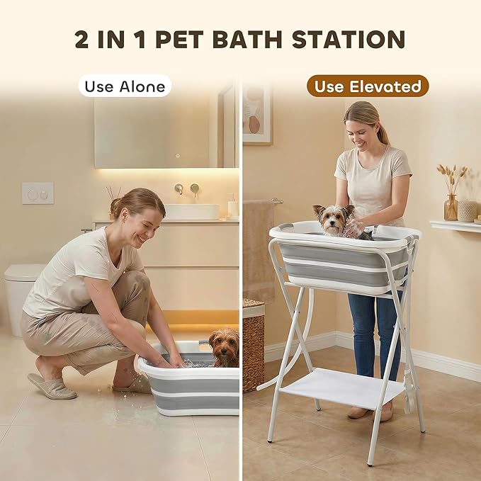PawHut 2 in 1 Dog Bath Tub, Dog Washing Station for Bathing and Grooming, Elevated Shower Bath Tub, Collapsible Foldable Portable Bathtub for Small Dogs Puppy Cats Pet, Indoor and Outdoor