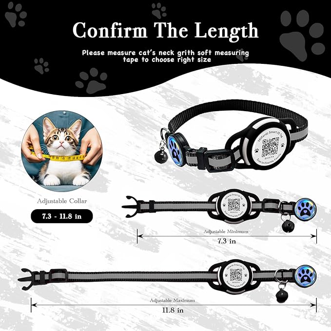 Cat Collar with Airtag Holder & QR Code Tag, Reflective Breakaway Kitten Collar with Quick Release Buckle, Adjustable Nylon Safety Collar for Indoor Outdoor Cats (Black)