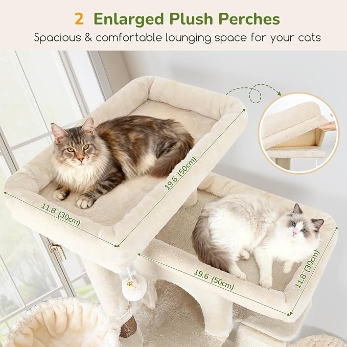 Globlazer Extra Large Cat Tree Tower 80in XXL Tall Cat Tree for Multiple Indoor Cats Large Adult Kittens with Scratching Posts, 2 Widened Perches, Adjustable Baskets, 2 Cozy Cat Condos, S80G, Beige